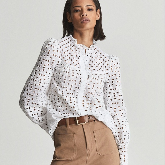 REISS Yasmin White Eyelet Embroidered Button Down Designer Blouse Size 6 - Picture 2 of 5